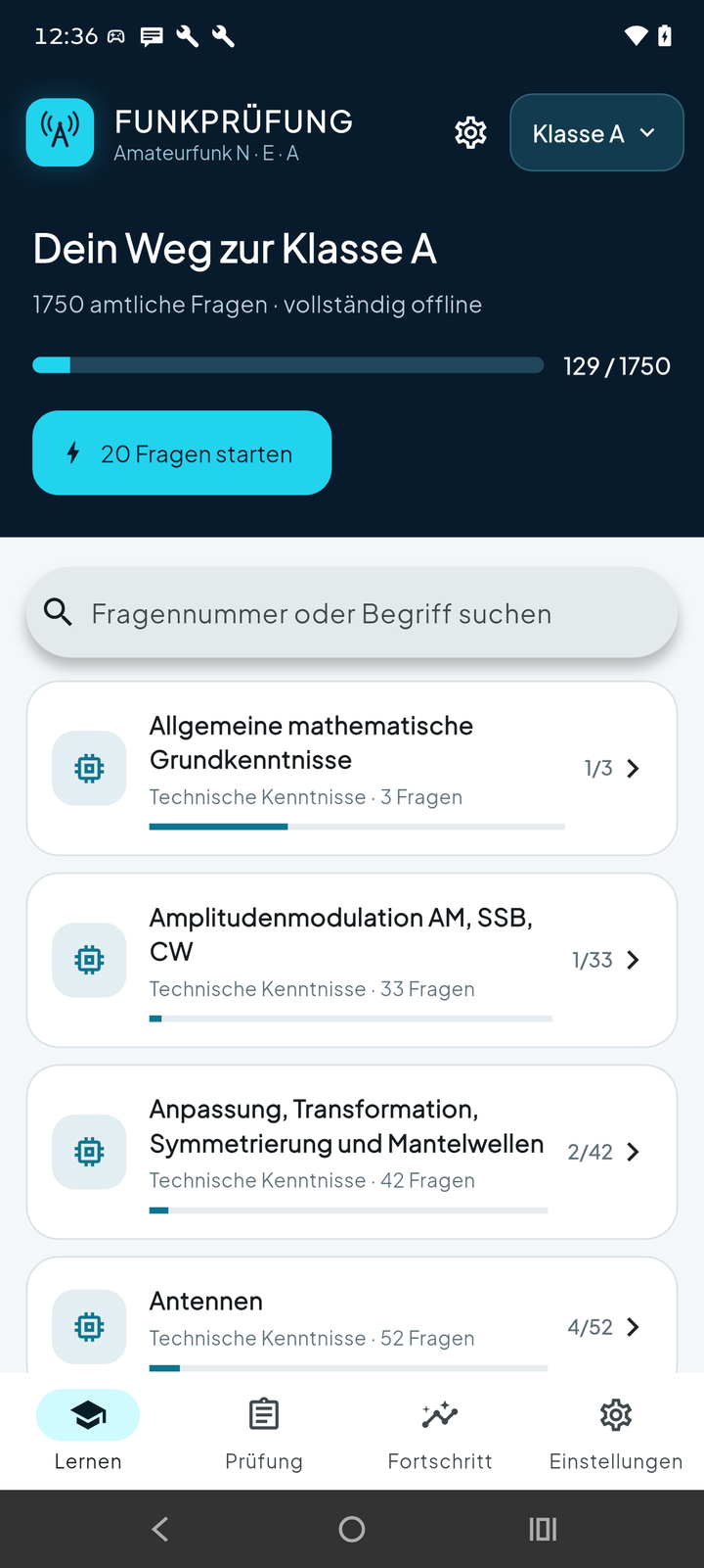 Funkprüfung: Themen und Lernfortschritt für Klasse A